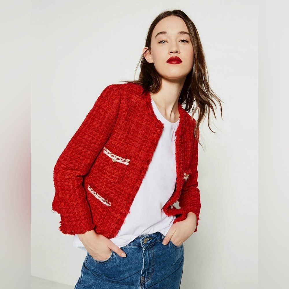 Zara Red Tweed Fantasy Fabric Red Blazer Jacket Gold Buttons Coat Large